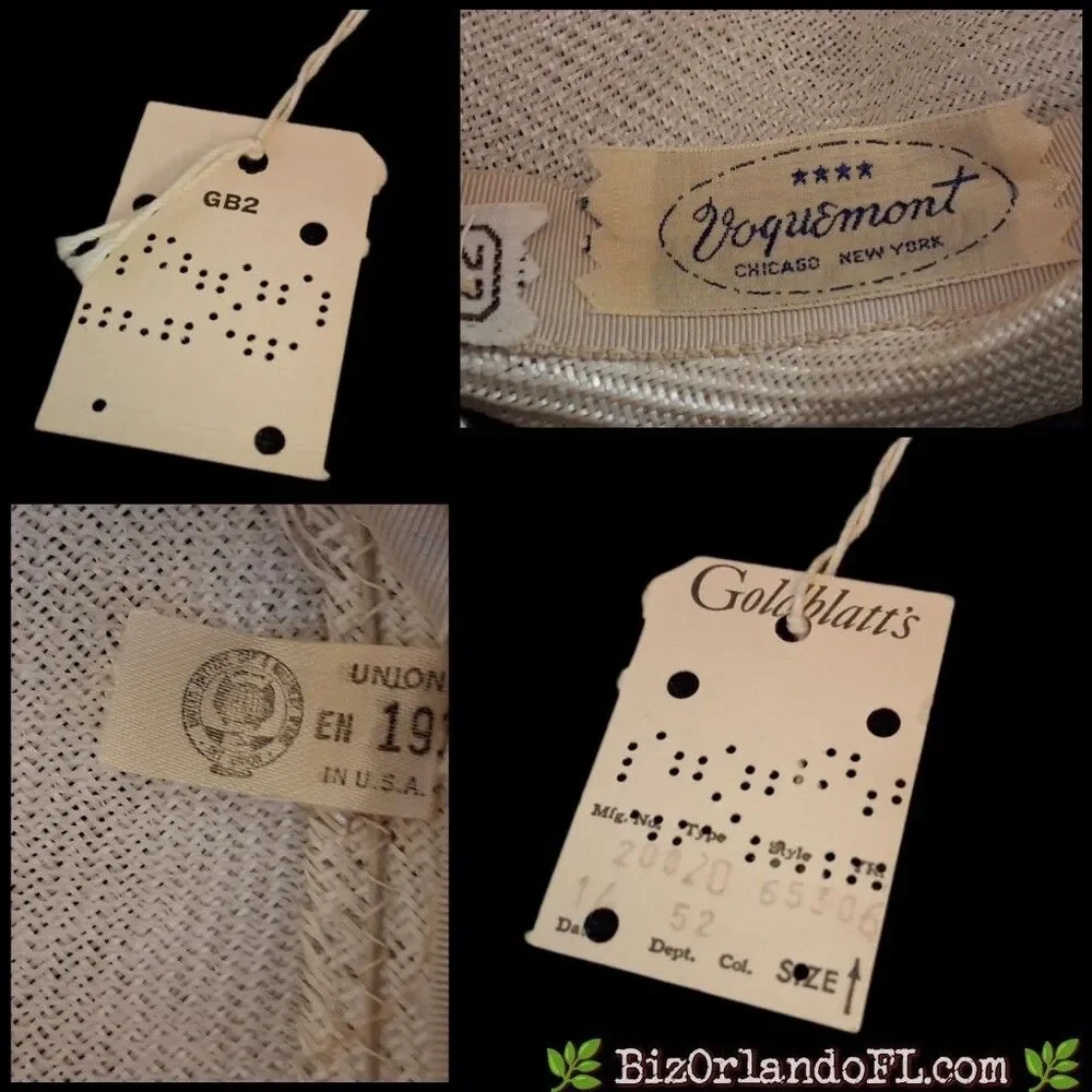 VINTAGE: 1950s Voguemont Cream Straw Pillbox Hat Flower Veil Goldblatts Tag MCM